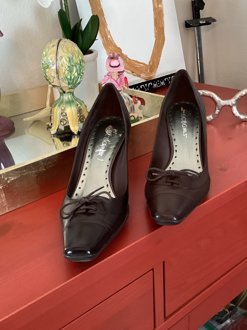 BCBG Dark Brown Leather Square Pointed-Toe Pumps - Picture 7 of 8